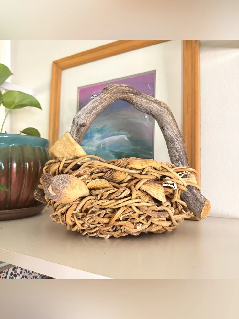 Rustic Handwoven Driftwood Handle Basket / Coastal Beach Cottage Decor